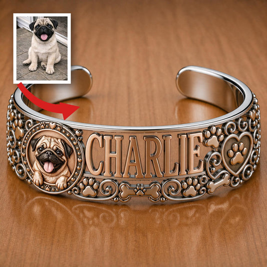 Personalized Cute Smiling Fawn Pug Cuff Bracelet Custom Name Jewelry Gift for Pug Lover Dog Mom Pet Owner