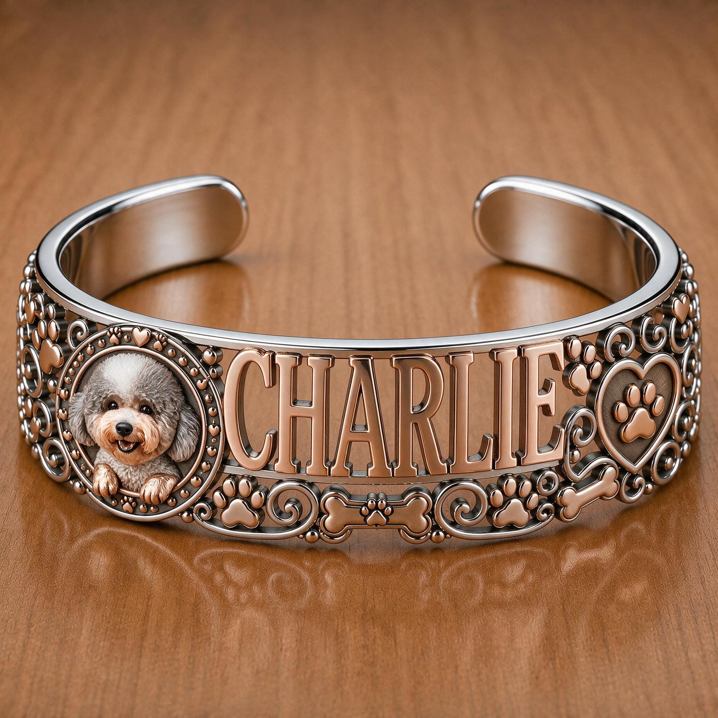 Personalized Fluffy Toy Poodle Cuff Bracelet, Custom Name Pet Jewelry Gift for Poodle Owners and Dog Moms