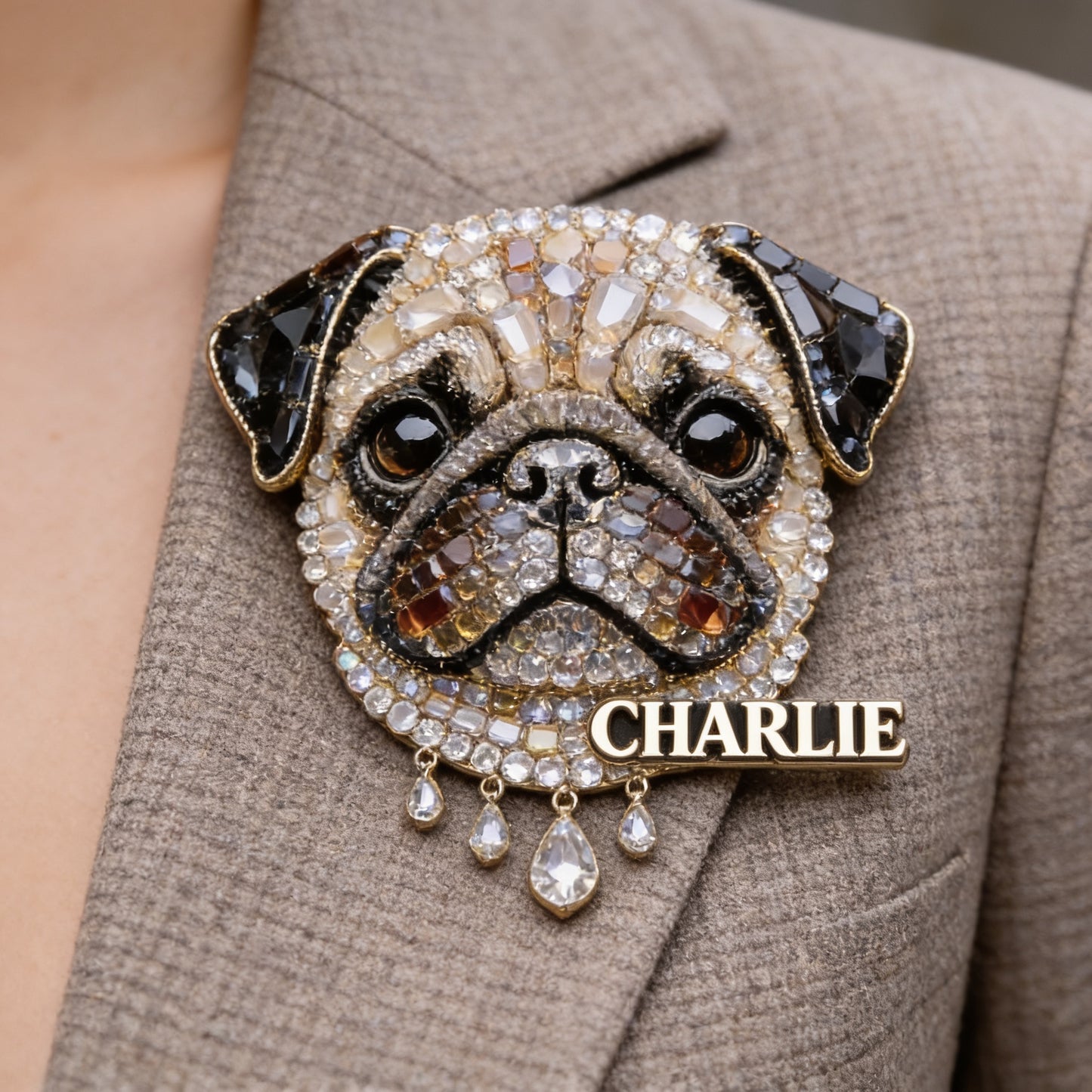 Personalized Sparkling Wrinkled Pug Acrylic Enamel Pin Custom Gift For Pug Owners and Pet Lovers
