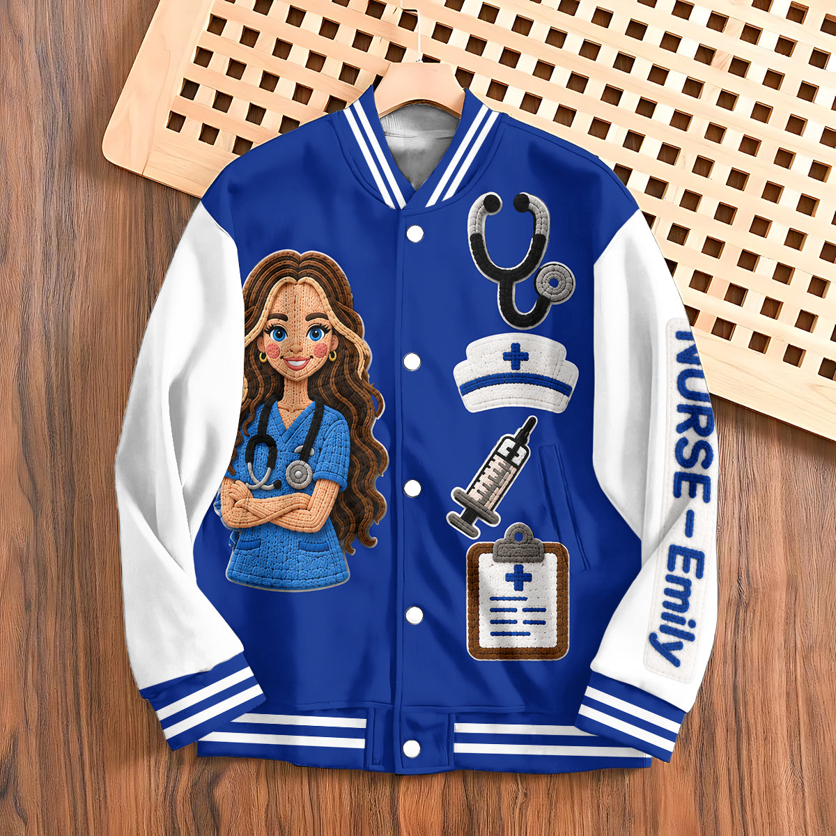 Personalisierte schwarze Varsity-Jacke für Pflegekräfte - Individuell besticktes Geschenk für RN-Gesundheitsdienstleister