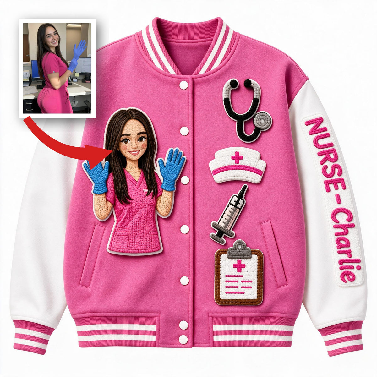 Personalisierte 3D-Patch Krankenschwester Varsity Jacke Geschenk für Pflegekräfte