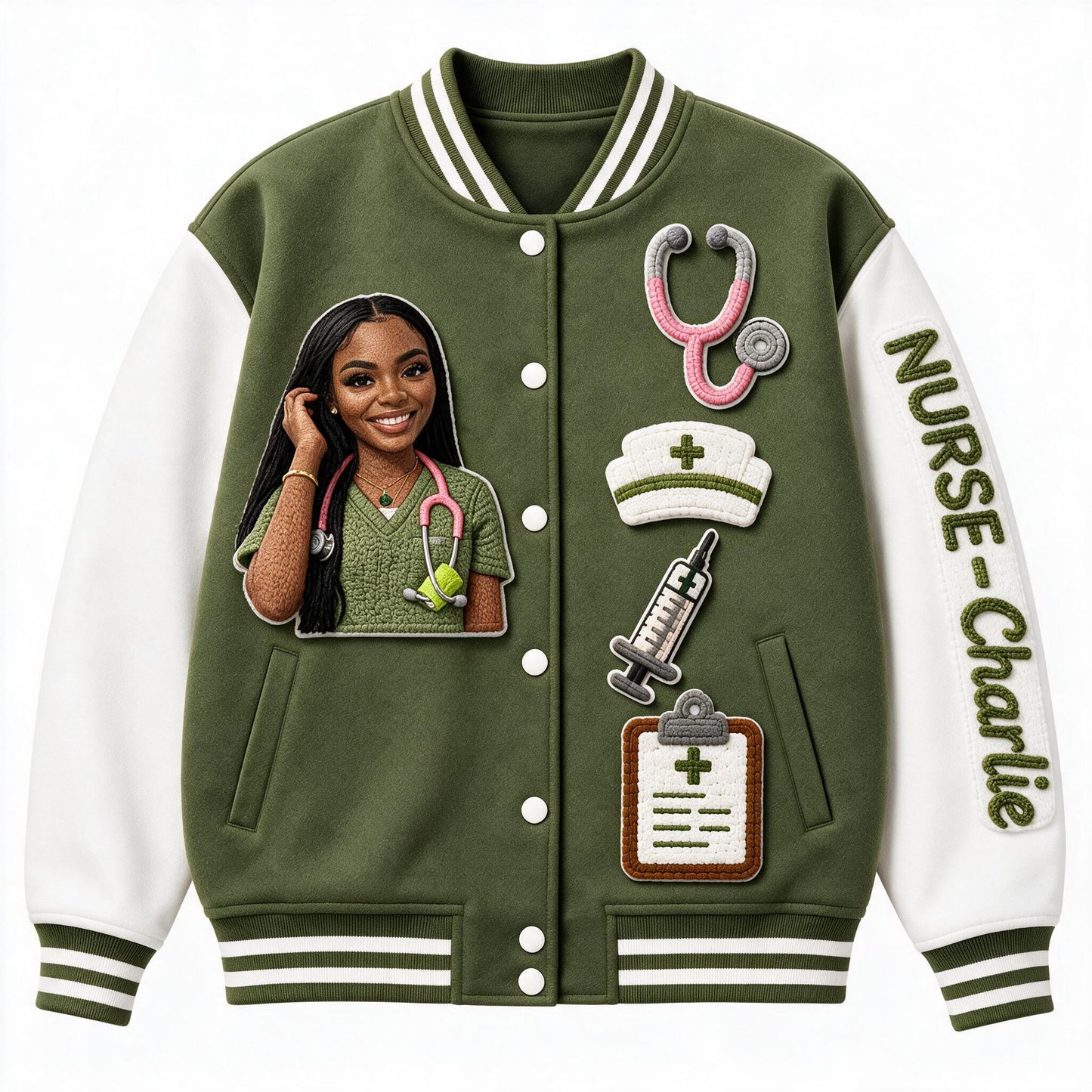 Personalisierte schwarze Varsity-Jacke für Pflegekräfte - Individuell besticktes Geschenk für RN-Gesundheitsdienstleister