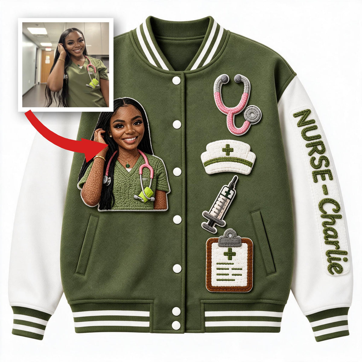 Personalisierte schwarze Varsity-Jacke für Pflegekräfte - Individuell besticktes Geschenk für RN-Gesundheitsdienstleister