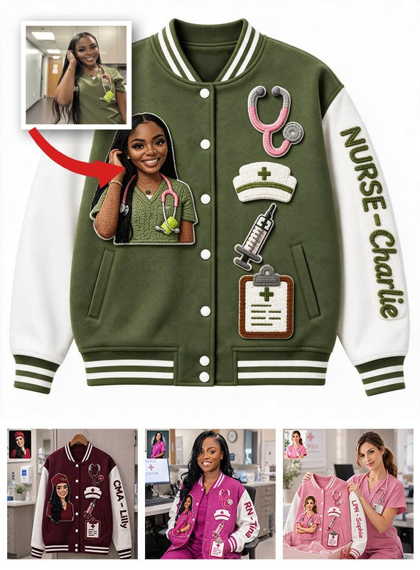 Personalisierte schwarze Varsity-Jacke für Pflegekräfte - Individuell besticktes Geschenk für RN-Gesundheitsdienstleister