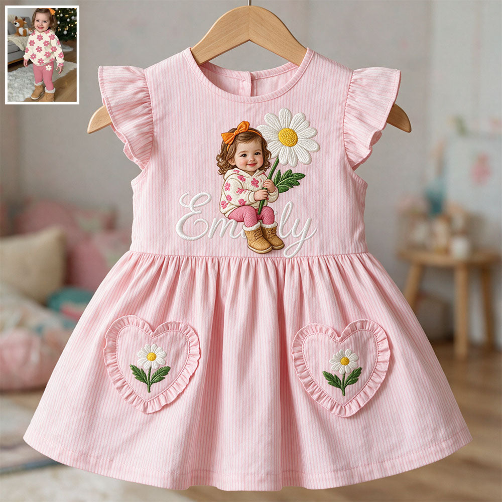 Personalized 4 Year Old Latina Girl Pink Ruffle Sleeve Toddler Girl Dress, Custom Embroidered Young Girl Peony Design, Thoughtful Kids Birthday Gift
