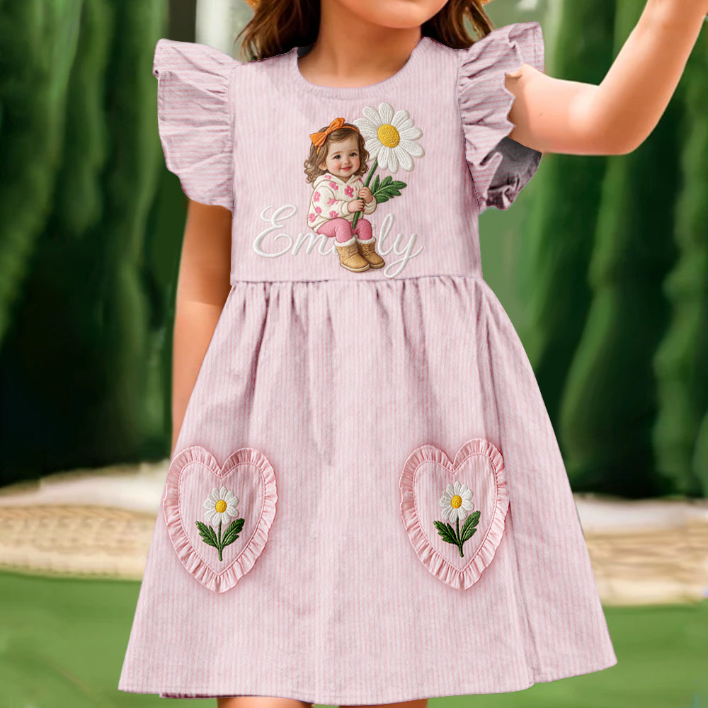 Personalized 4 Year Old Black Girl Pink Ruffle Sleeve Toddler Girl Dress, Custom Embroidered Little Girl Peony Design Keepsake Gift For Kids