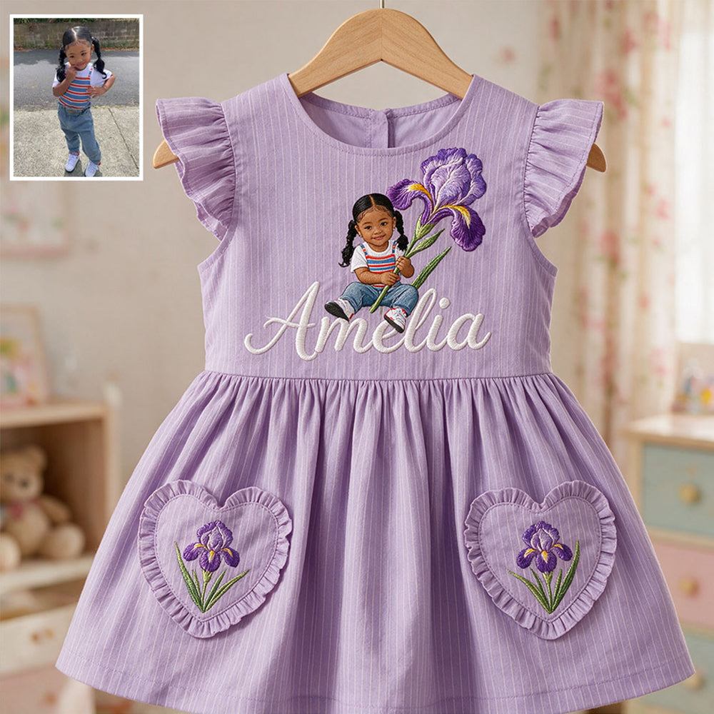 Personalized 4 Year Old Black Girl Pink Ruffle Sleeve Toddler Girl Dress, Custom Embroidered Little Girl Peony Design Keepsake Gift For Kids