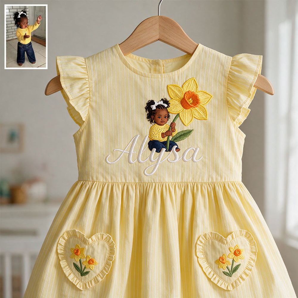 Personalized 4 Year Old Girl Pink Ruffle Sleeve Kids Dress, Cute Embroidered Little Girl Peony Design, Custom Birthday Gift for Girls