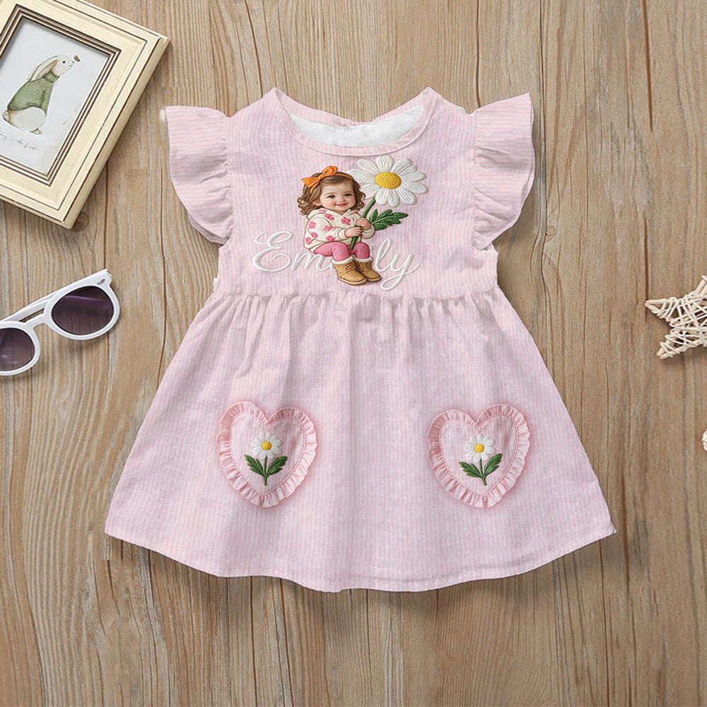 Personalized 3 Year Old Girl Pink Ruffle Sleeve Little Black Girl Dress Custom Embroidered Portrait Birth Flower Perfect Gift for Daughter Niece