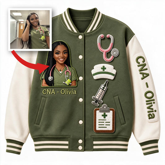 Personalisierte schwarze Varsity-Jacke für Krankenschwestern - Geschenk für Pflegekräfte