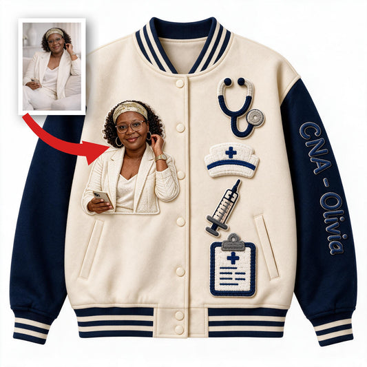 Personalisierte Foto Varsity Jacke für Krankenschwestern – Einzigartiges Geschenk für CNA