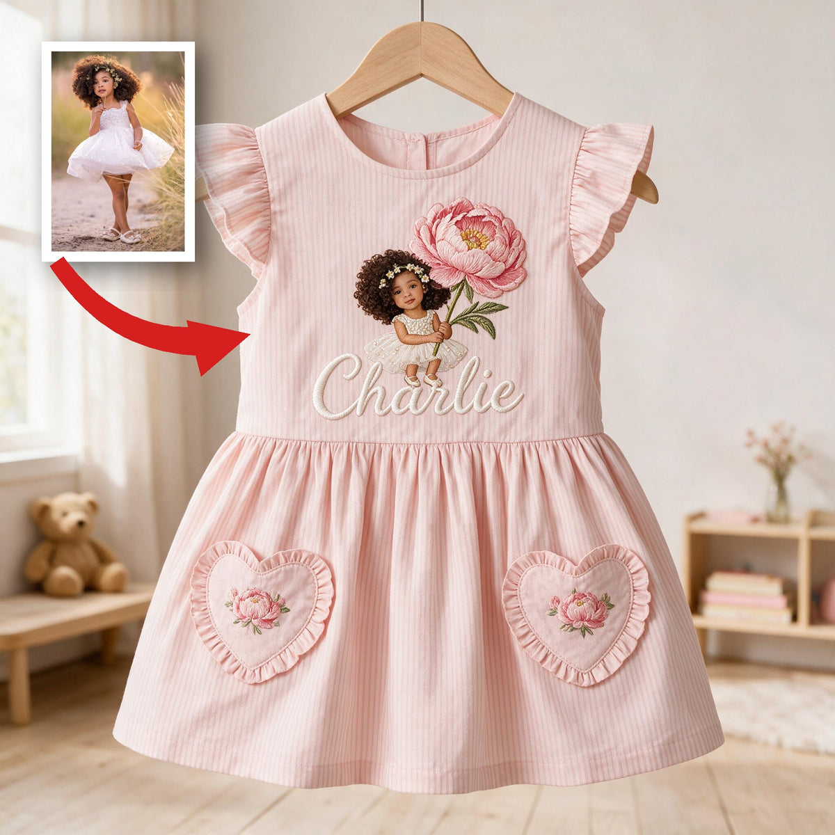 Personalized 4 Year Old Latina Girl Pink Ruffle Sleeve Toddler Girl Dress, Custom Embroidered Young Girl Peony Design, Thoughtful Kids Birthday Gift