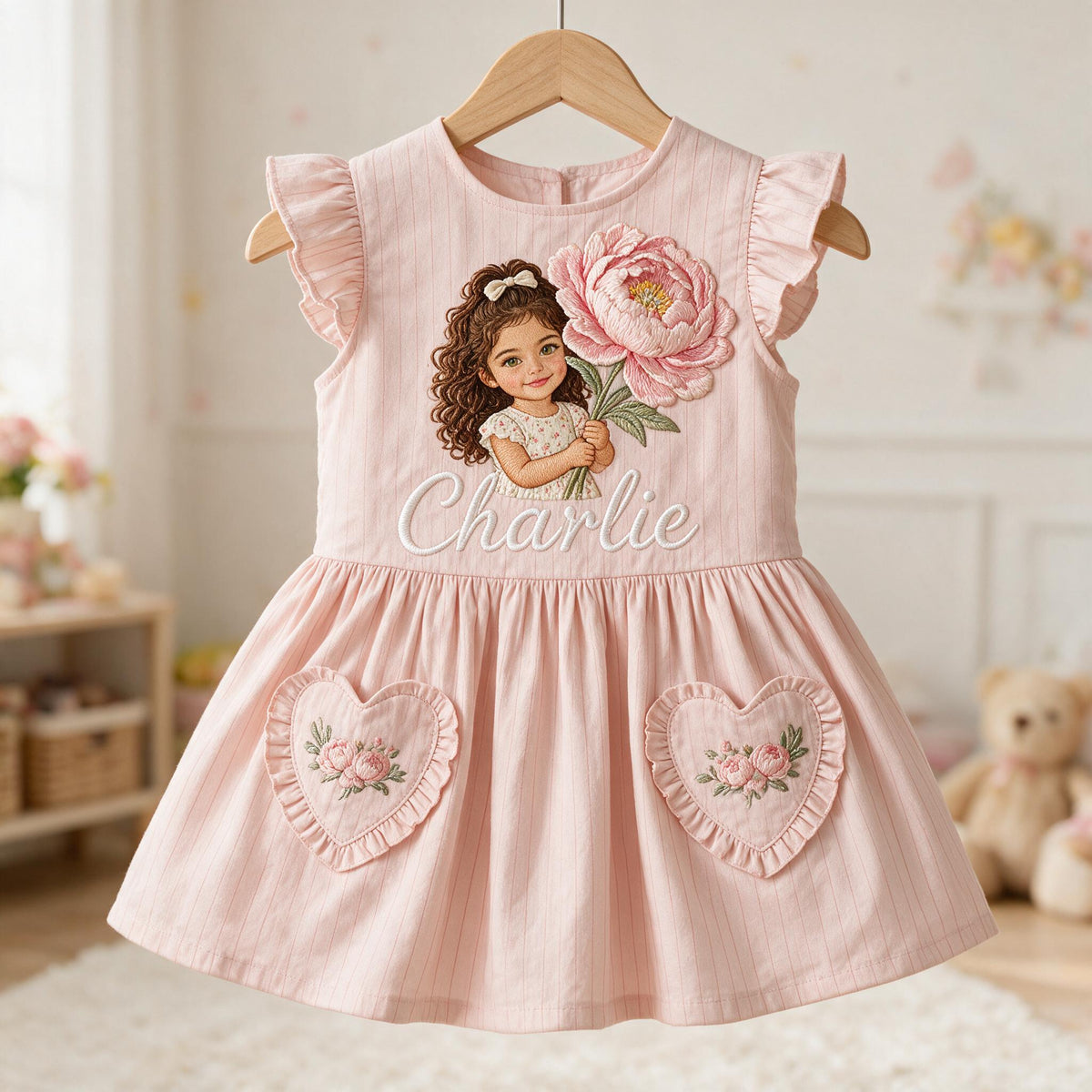 Personalized 3 Year Old Latina Girl Pink Ruffle Sleeve Kids Dress, Embroidered Little Girl Peony Custom Name Gift for Young Girls