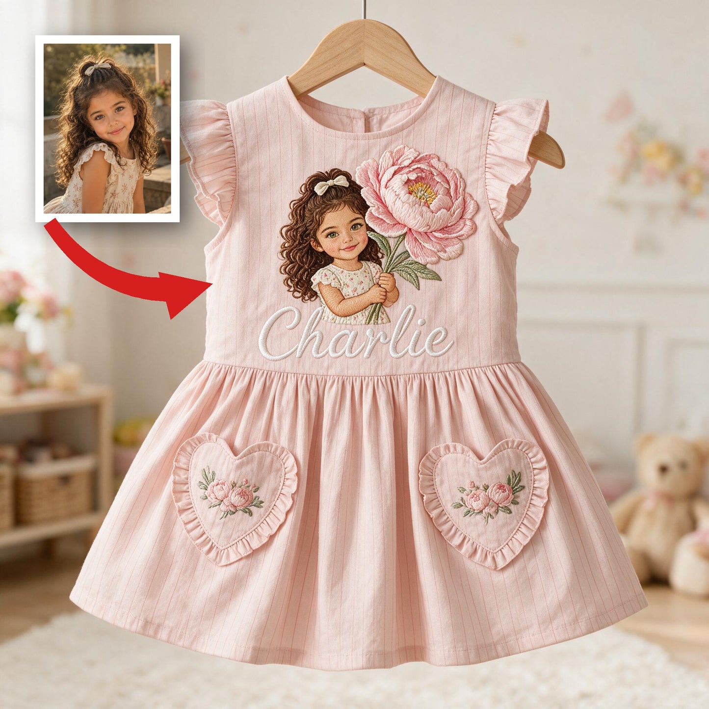 Personalized 3 Year Old Latina Girl Pink Ruffle Sleeve Kids Dress, Embroidered Little Girl Peony Custom Name Gift for Young Girls