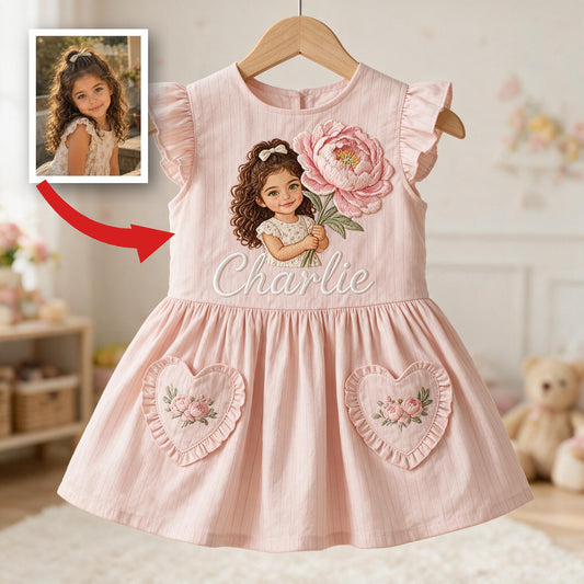 Personalized 3 Year Old Latina Girl Pink Ruffle Sleeve Kids Dress, Embroidered Little Girl Peony Custom Name Gift for Young Girls