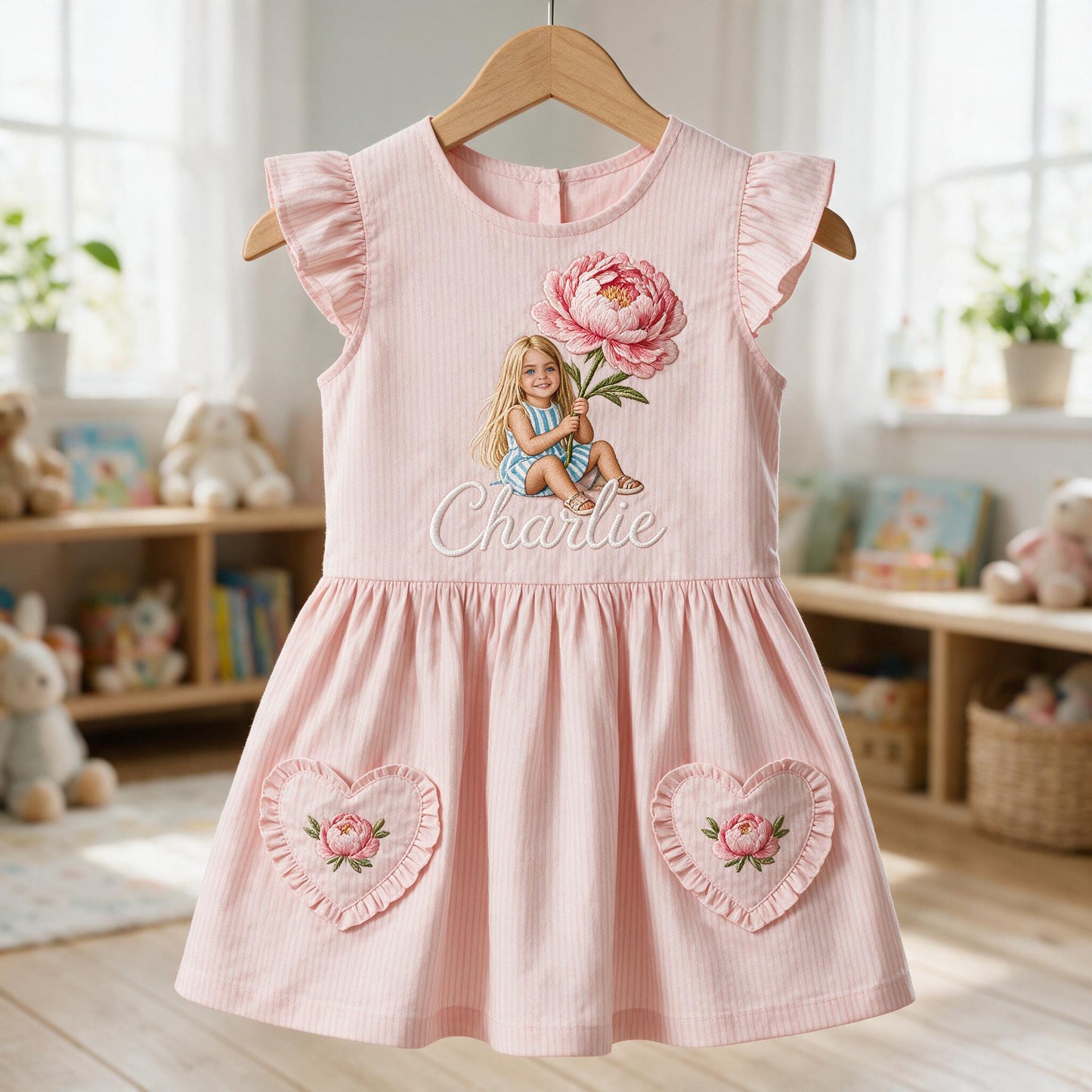 Personalized 5 Year Old Girl Embroidered Pink Ruffle Sleeve Little Girl Dress Custom Name Peony Design Toddler Girl Birthday Gift