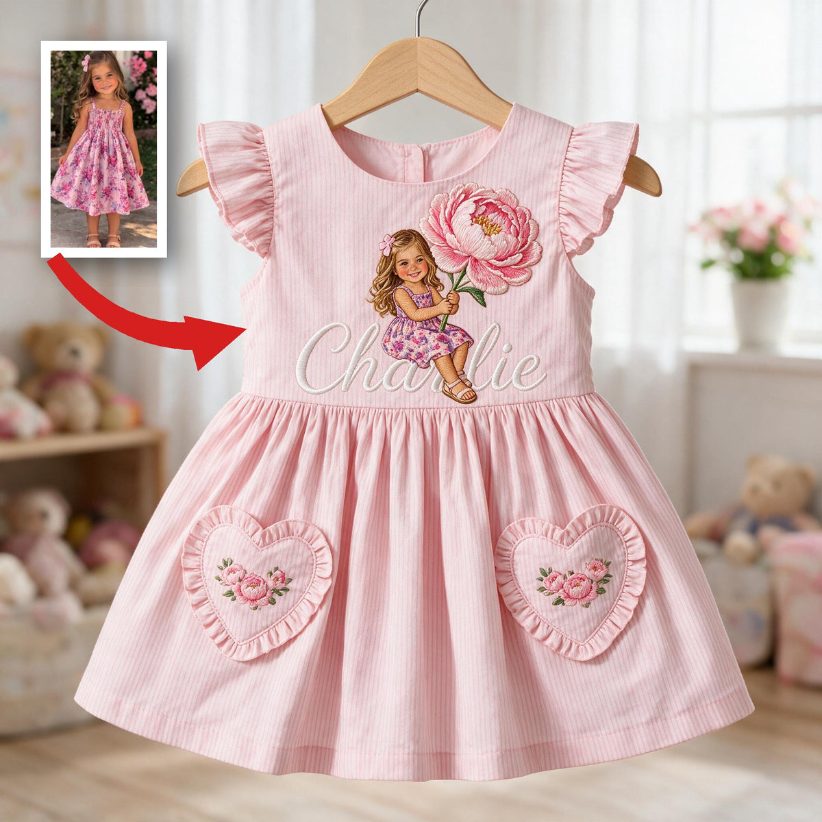 Personalized 4 Year Old Girl Pink Ruffle Sleeve Kids Dress, Cute Embroidered Little Girl Peony Design, Custom Birthday Gift for Girls