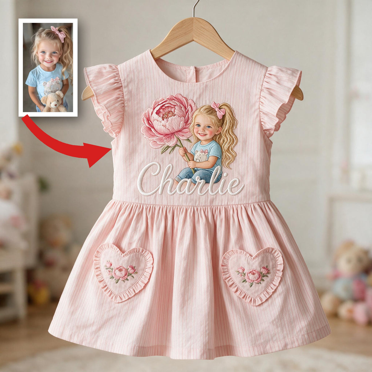 Personalized 2 Year Old Girl Pink Ruffle Sleeve Toddler Dress | Custom Embroidered Young Girl Peony Birthday Gift for Little Girls