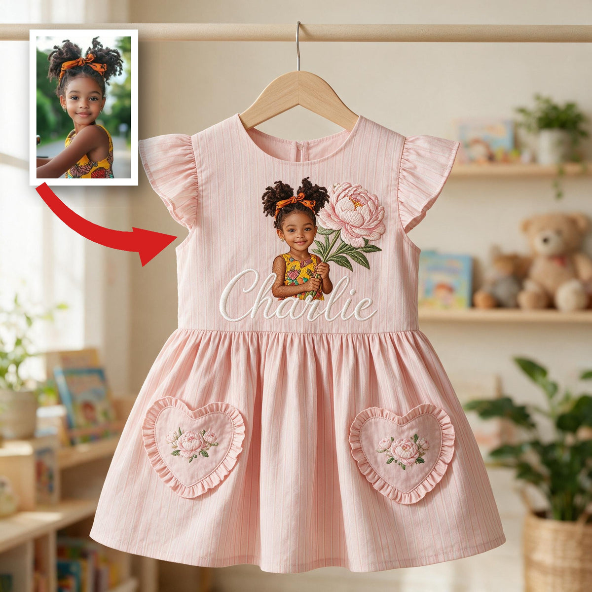 Personalized 3 Year Old Girl Pink Ruffle Sleeve Little Black Girl Dress Custom Embroidered Portrait Birth Flower Perfect Gift for Daughter Niece