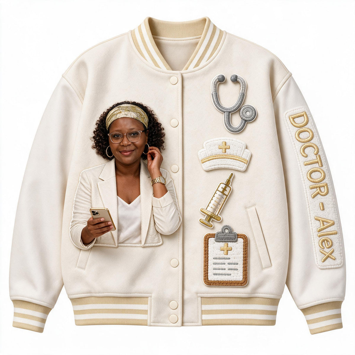 Custom Photo Old Black Doctor Varsity Jacket, Personalized Nursing Appreciation Gift for Healthcare Worker Casual Outerwear