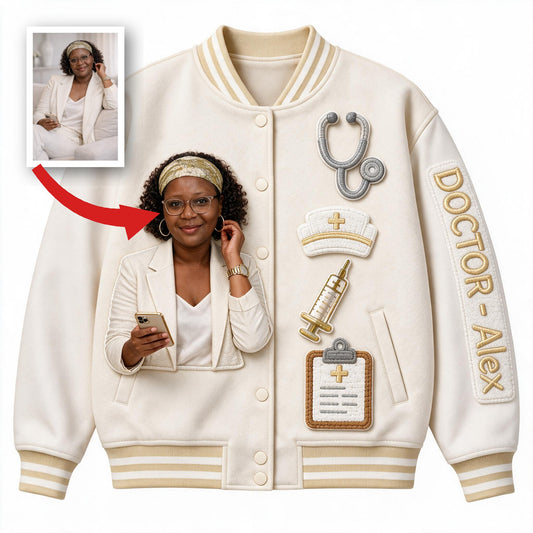 Personalisierte Foto Alte schwarze Doktor Varsity Jacke für Pflegekräfte