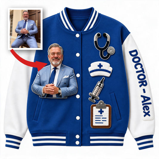Personalisierte Foto Varsity Jacke für Männer, Dankeschön Geschenk für Ärzte & Pflegepersonal