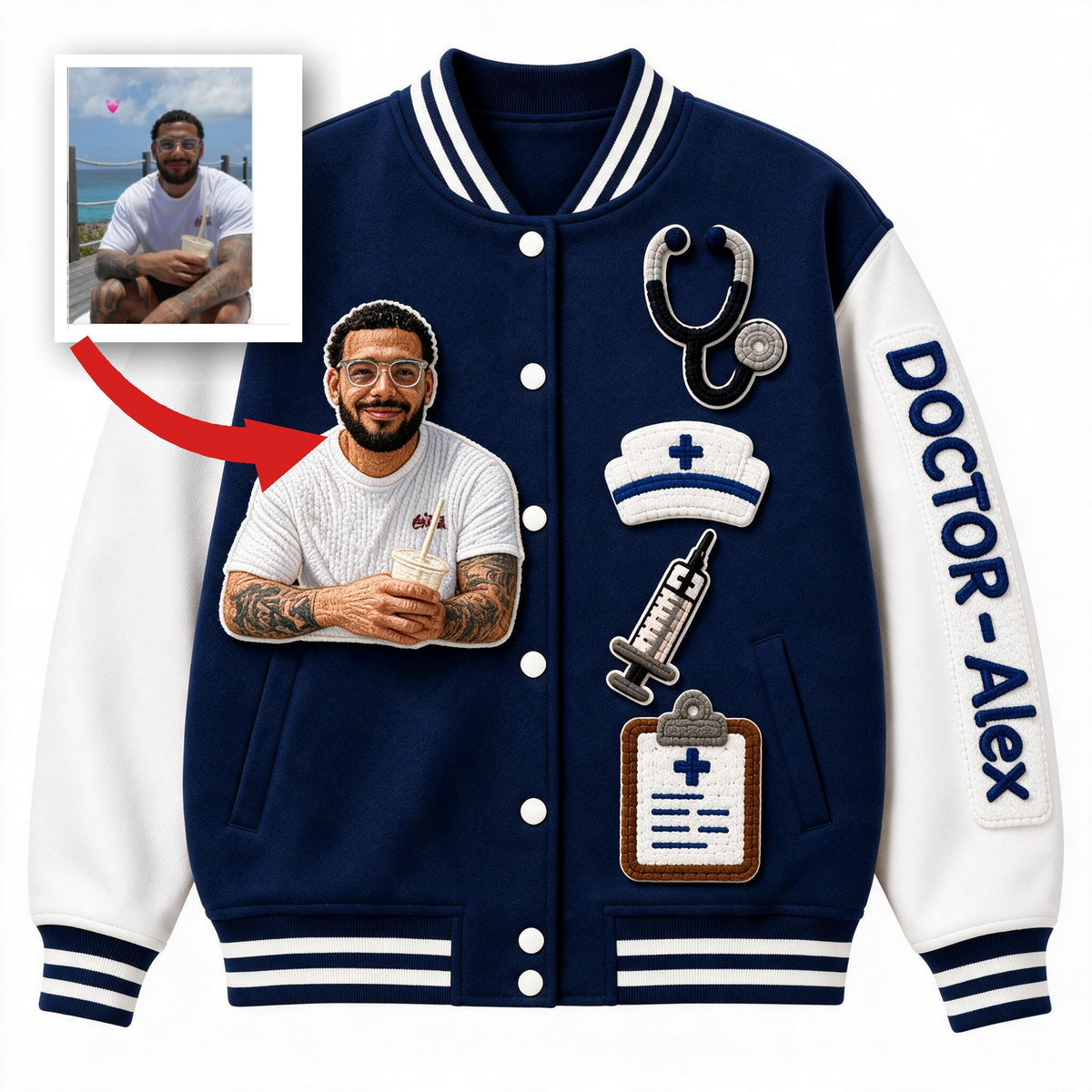 Personalized Male Doctor Varsity Jacket Custom Photo Print Appreciation Gift for Black Doctor