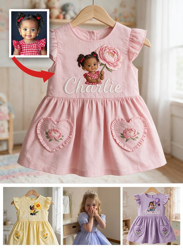 Custom Personalized 2 Year Old Girl Pink Ruffle Sleeve Toddler Dress, Embroidered Little Girl Peony Birth Flower Gift for Kids