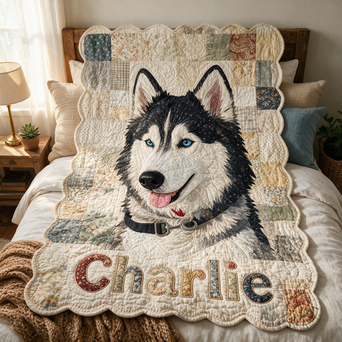 Personalized Blue Eyed Siberian Husky Patchwork Fleece Blanket, Custom Dog Owner Gift Cozy Home Decor