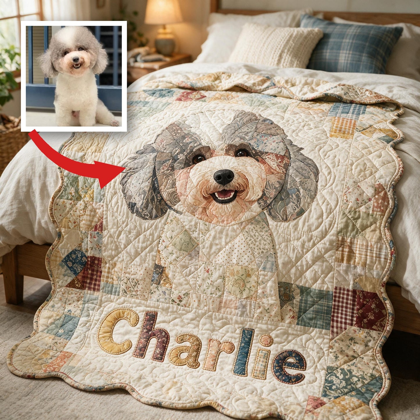 Personalized Fluffy Curly Poodle Shaped Patchwork Fleece Blanket, Thoughtful Dog Lover Cozy Gift for Home and Travel