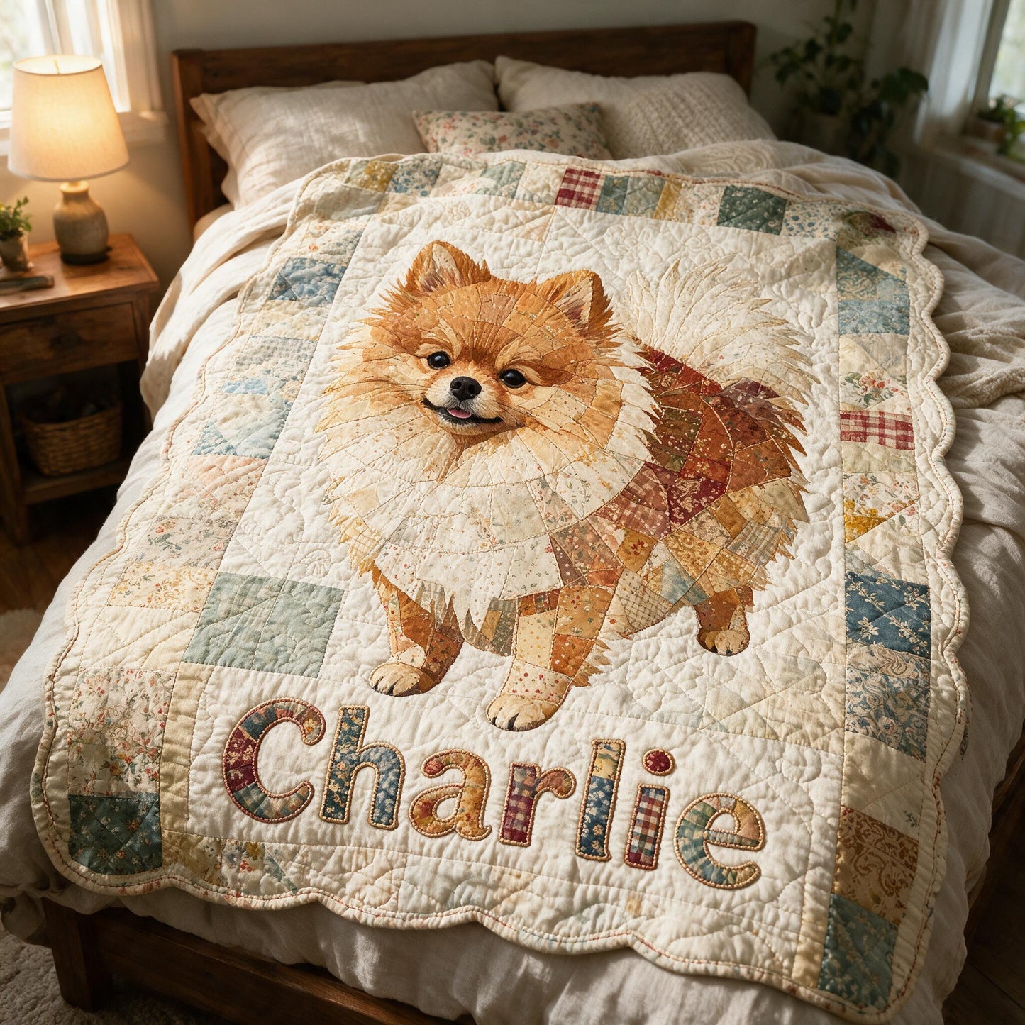 Personalized Fluffy Orange Pomeranian Patchwork Fleece Blanket, Cute Custom Gift for Pomeranian Dog Lovers Home Decor