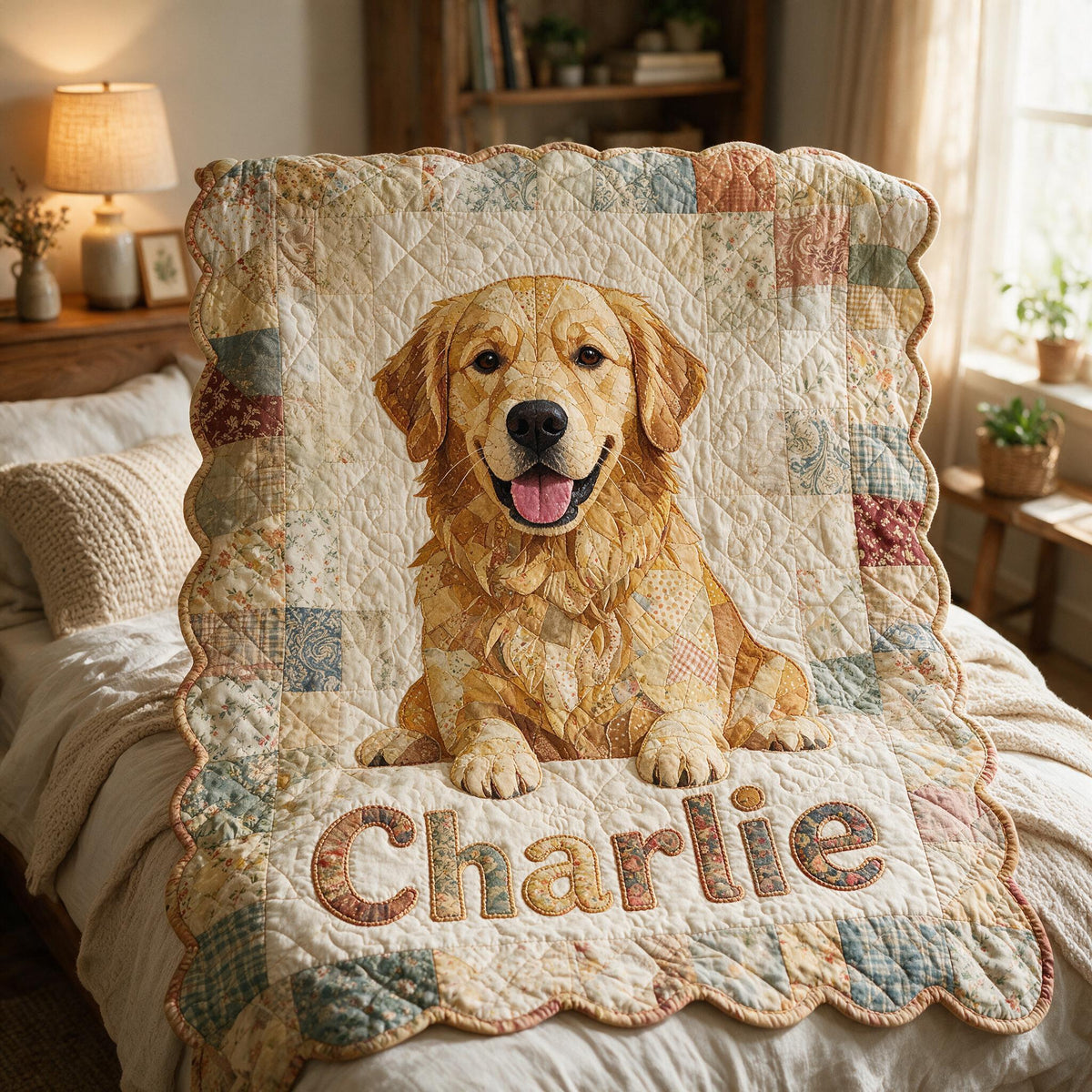 Personalized Happy Golden Retriever Patchwork Fleece Blanket, Cozy Gift for Golden Retriever Owners and Dog Lovers