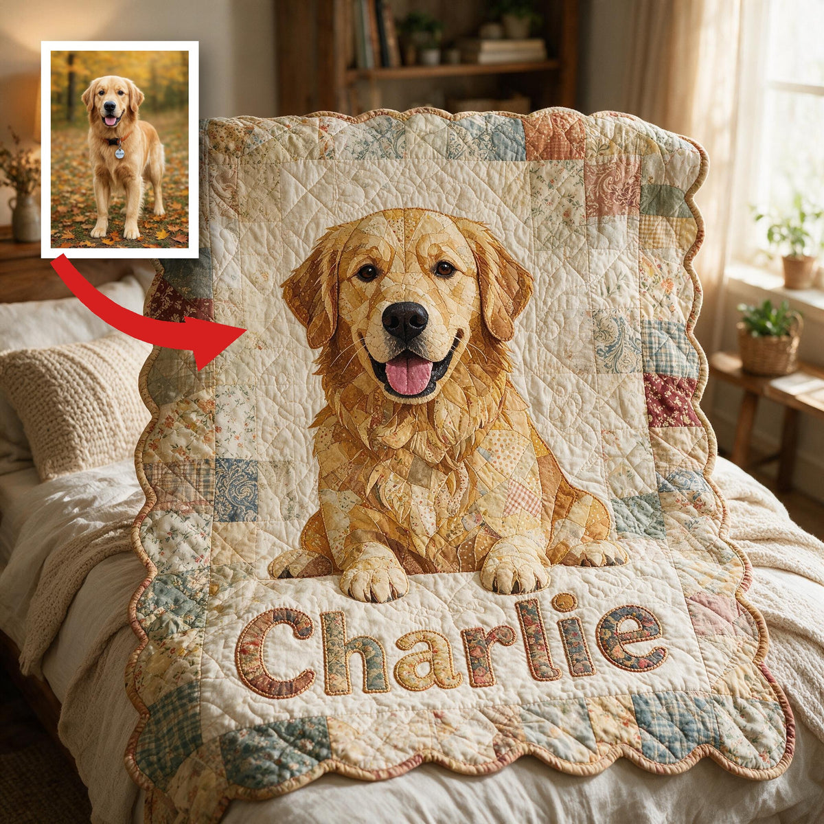 Personalized Happy Golden Retriever Patchwork Fleece Blanket, Cozy Gift for Golden Retriever Owners and Dog Lovers