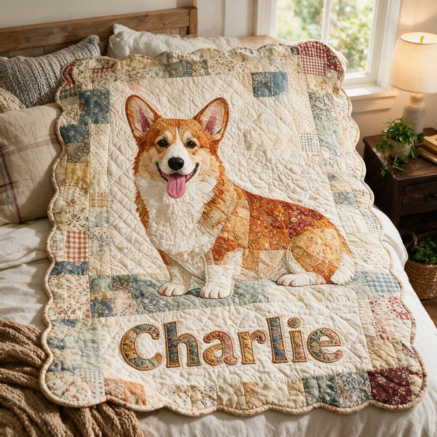 Personalized Patchwork Welsh Corgi Fleece Blanket, Cute Smiling Corgi Dog Lover Cozy Throw for Gifting and Home Decor