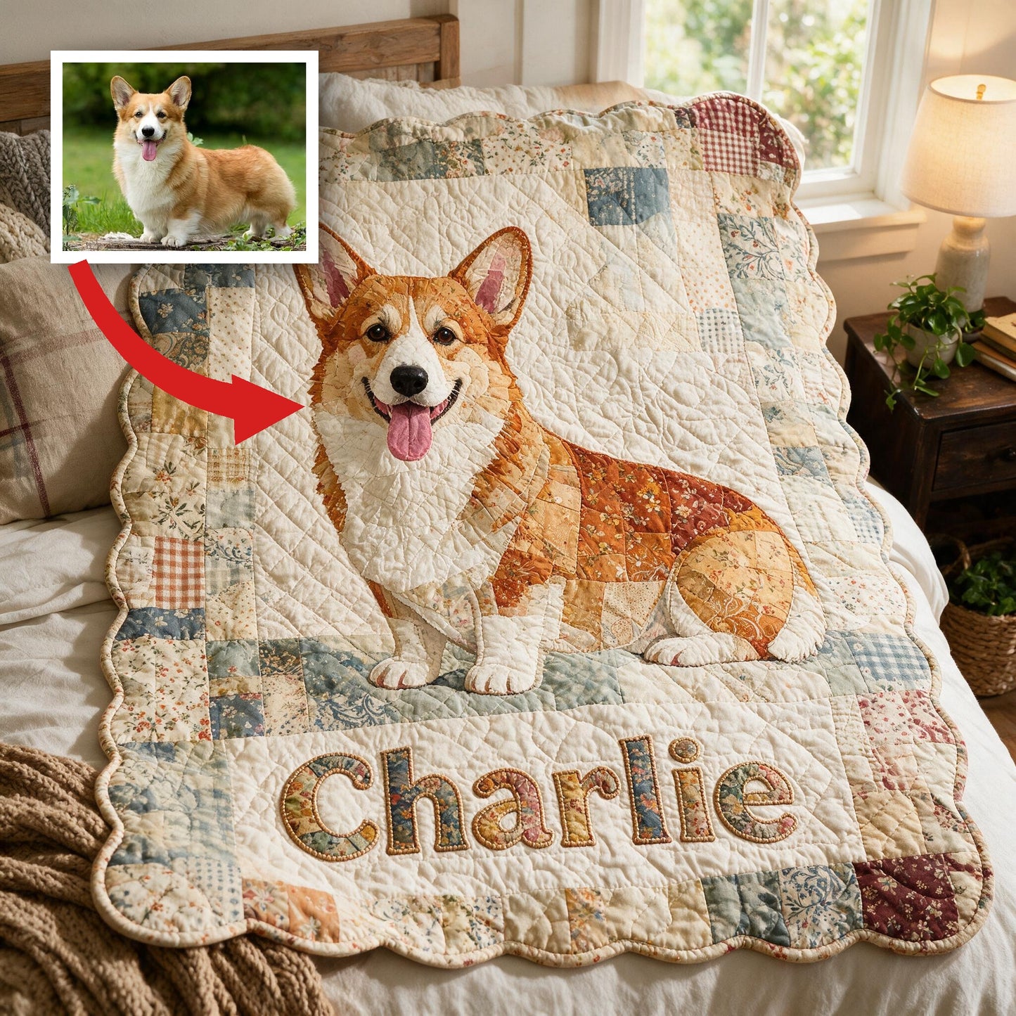 Personalized Patchwork Welsh Corgi Fleece Blanket, Cute Smiling Corgi Dog Lover Cozy Throw for Gifting and Home Decor