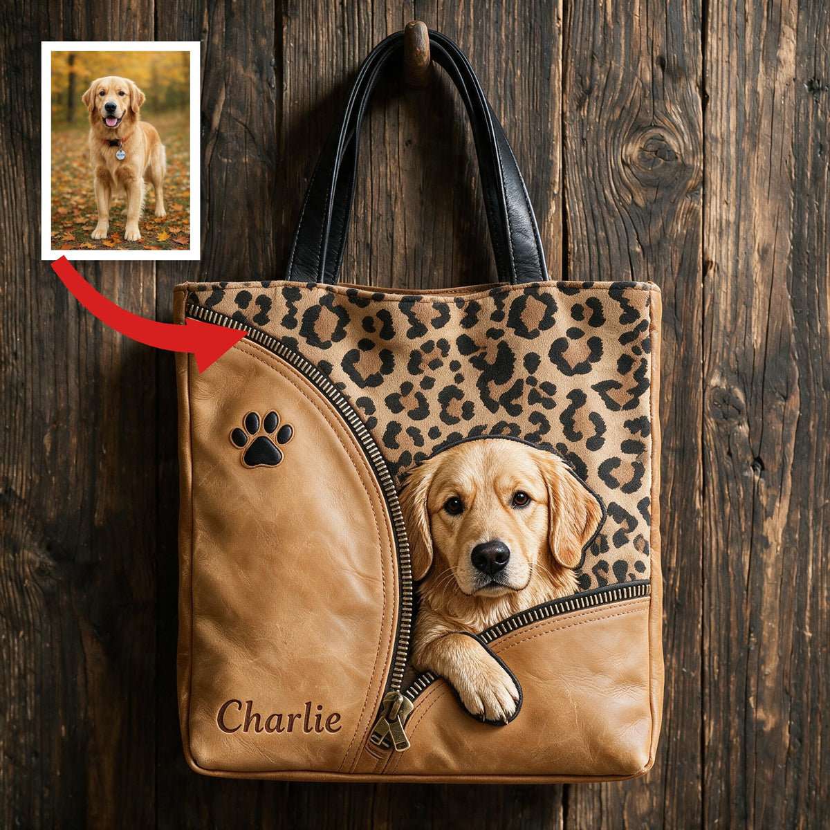 Personalized Peeking Golden Retriever Tote Bag Custom Name Leopard Print Gift for Dog Owners & Pet Lovers