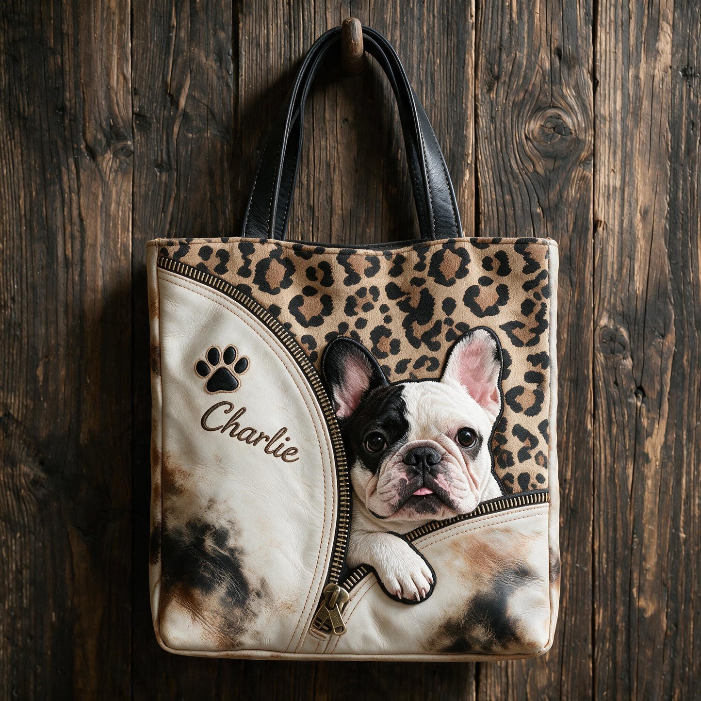 Personalized Peeking French Bulldog Tote Bag Custom Name Leopard Print Pet Lover Gift for Frenchie Dog Owner Everyday Carryall