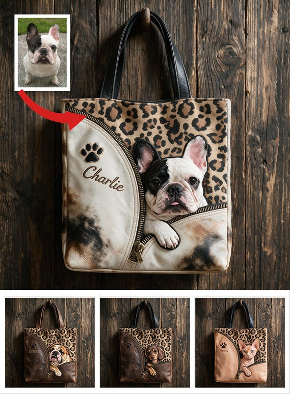 Personalized Peeking French Bulldog Tote Bag Custom Name Leopard Print Pet Lover Gift for Frenchie Dog Owner Everyday Carryall