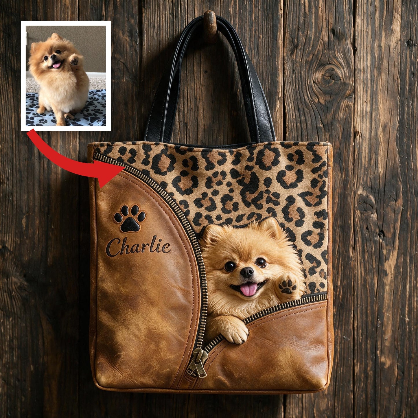 Personalized Peeking Fluffy Pomeranian Tote Bag, Custom Dog Lover Gift for Pet Owners for Shopping, Work and Travel