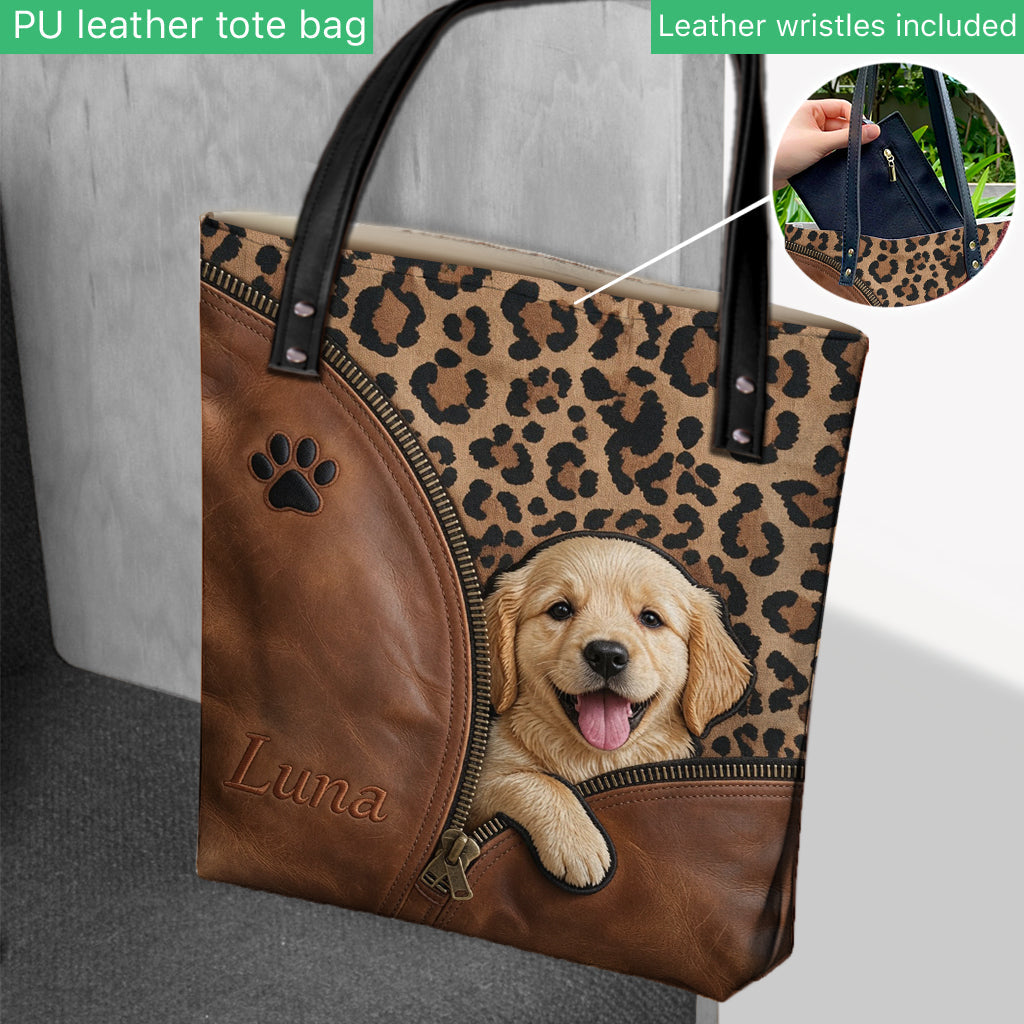 Personalized Peeking Dachshund Tote Bag, Custom Dog Lover Gift Stylish Leopard Print Pet Carryall for Everyday Use