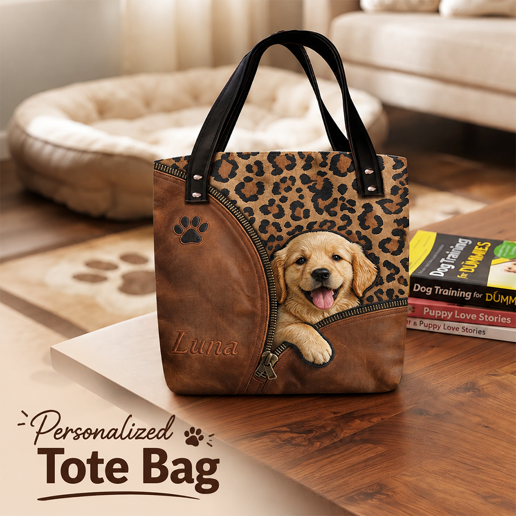 Personalized Peeking Dachshund Tote Bag, Custom Dog Lover Gift Stylish Leopard Print Pet Carryall for Everyday Use