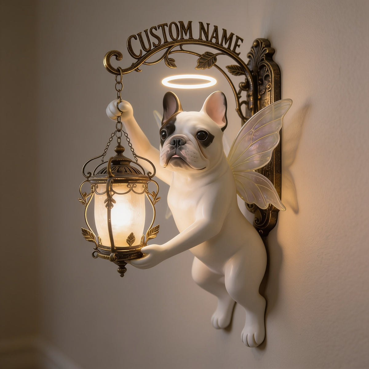 Personalized Angel French Bulldog Lantern Wooden Wall Mount Sign, Cute Dog Lover Home Decor Gift