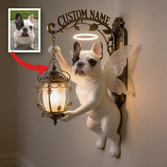 Personalized Angel French Bulldog Lantern Wooden Wall Mount Sign, Cute Dog Lover Home Decor Gift