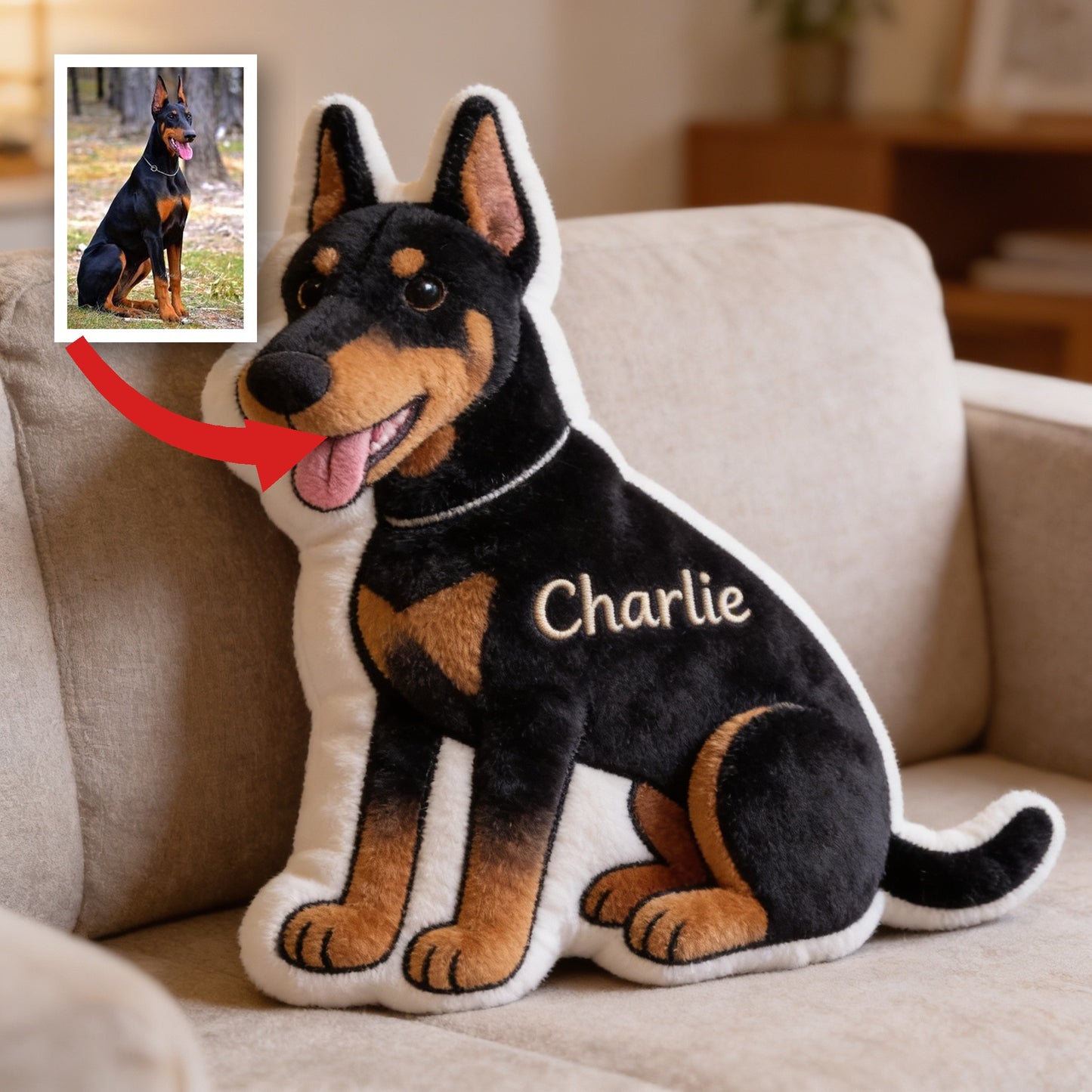 Personalized Sitting Doberman Pinscher Faux Fur Shaped Pillow Custom Gift For Dog Lover Home Decor