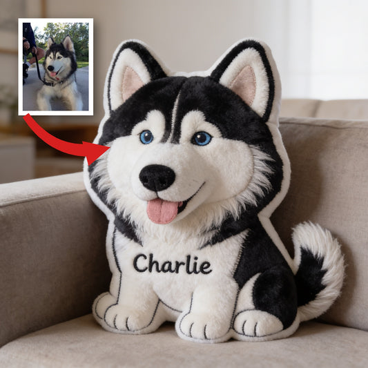 Coussin en Fausse Fourrure en Forme de Husky Sibérien aux Yeux Bleus Personnalisé, Cadeau Décoratif pour Amoureux des Chiens