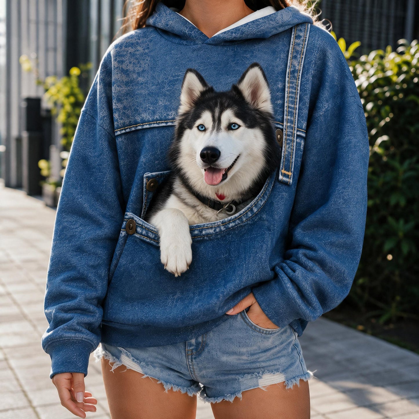 Cute Blue-Eyed Siberian Husky Pocket Design All Over Print Hoodie, Great Gift for Dog Pet Owners