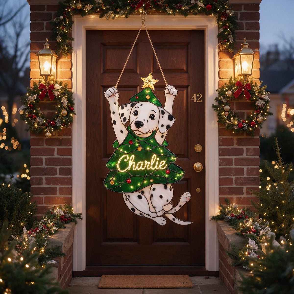 Joli panneau LED acrylique personnalisé Dalmation tacheté pour Noël, décoration de porte festive pour les amoureux des chiens