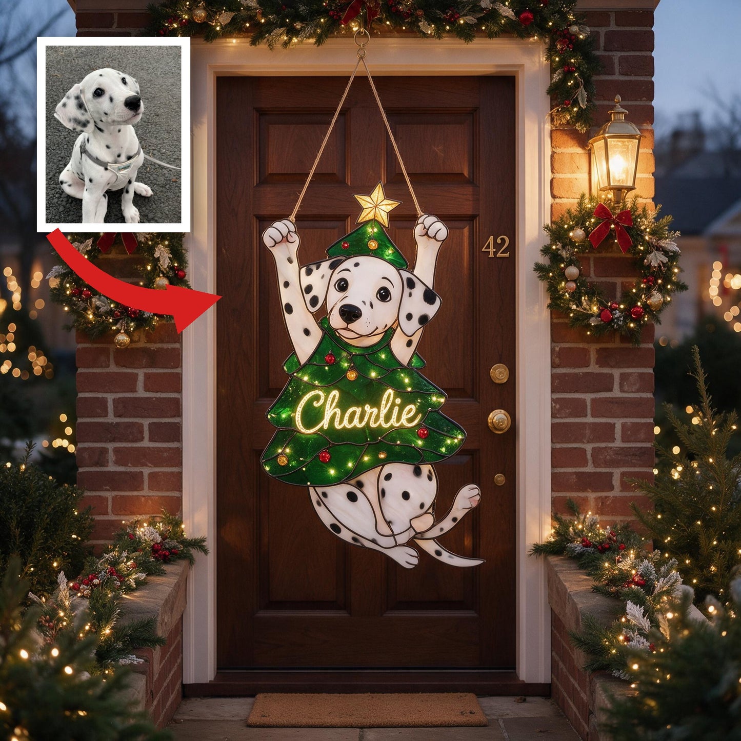 Joli panneau LED acrylique personnalisé Dalmation tacheté pour Noël, décoration de porte festive pour les amoureux des chiens