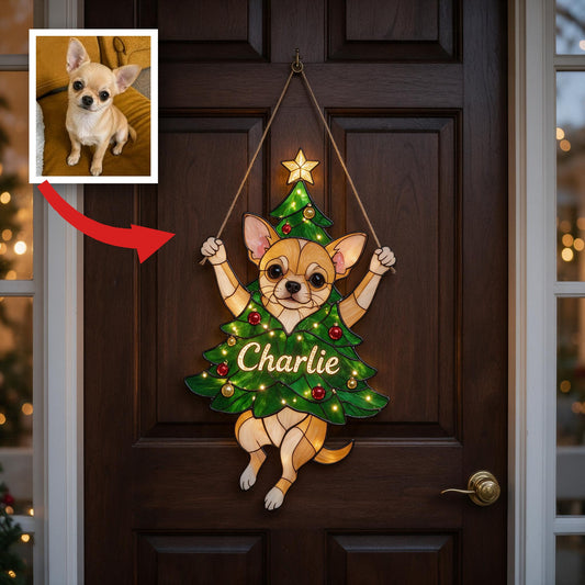 Merry Little Clinger Personalized Tan Chihuahua Christmas LED Acrylic Sign, Custom Holiday Gift for Chihuahua Dog Lovers