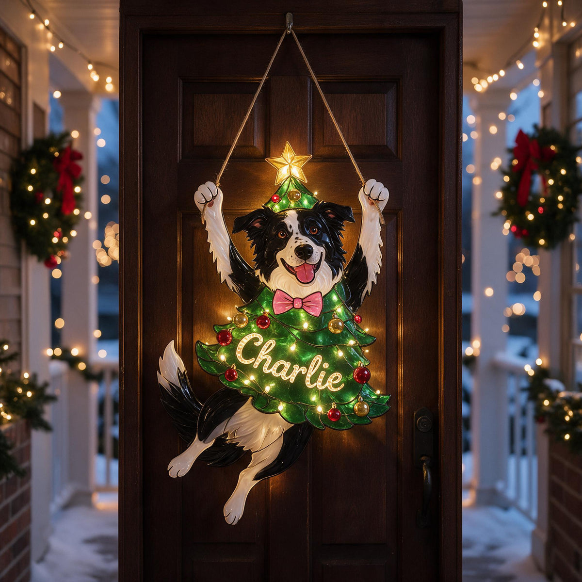 Personalized Black & White Border Collie Christmas LED Acrylic Sign, Cute Holiday Home Decor Gift for Dog Lovers